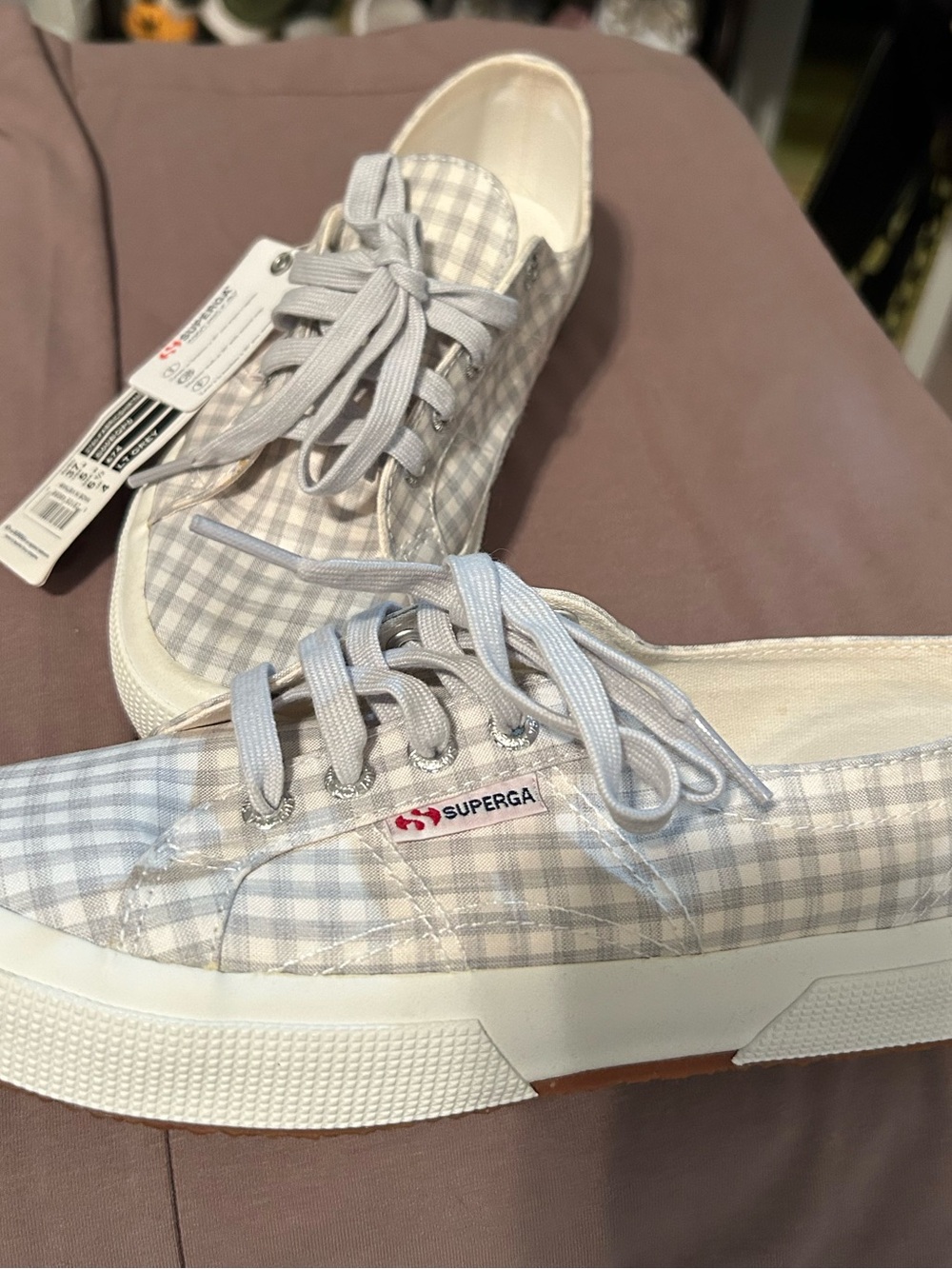 Superga Light Gray and White Gingham Low-Top Sneakers Women’s Sneaker Size 37